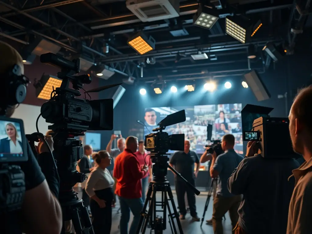 A cinematic view of a video production set with a crew working on professional equipment.