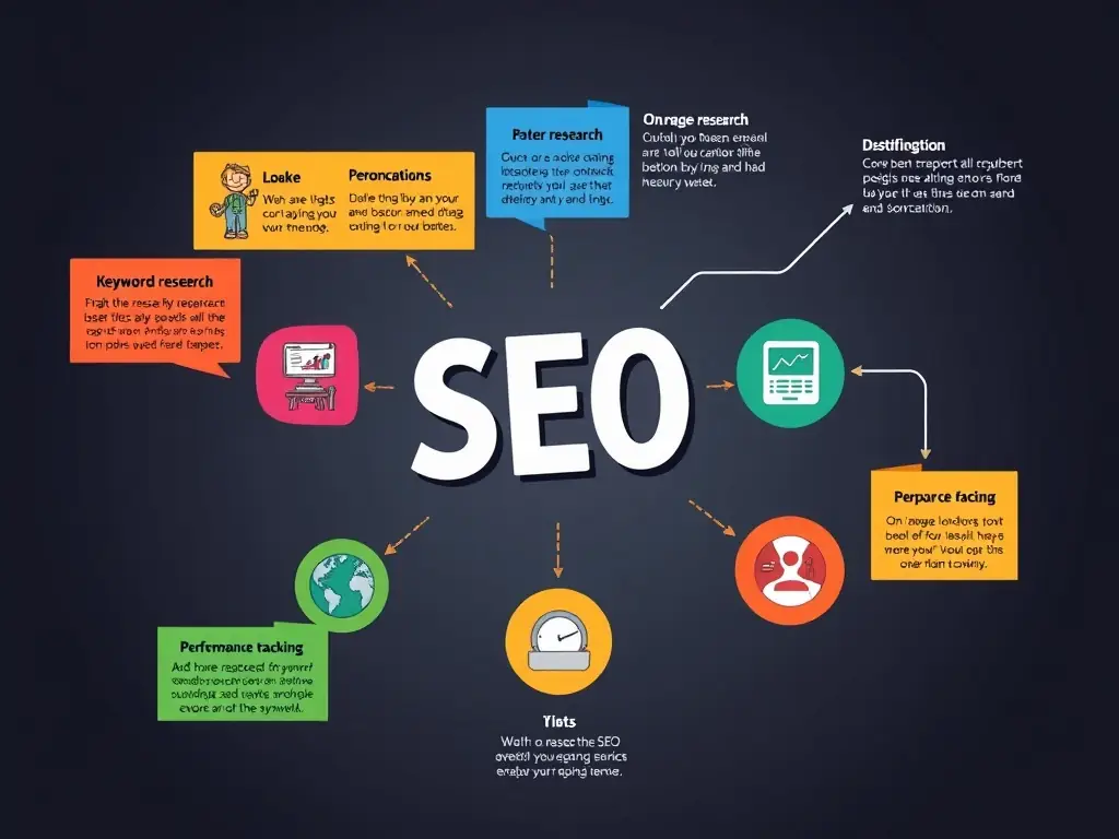 Infographic illustrating the SEO process with colorful icons.