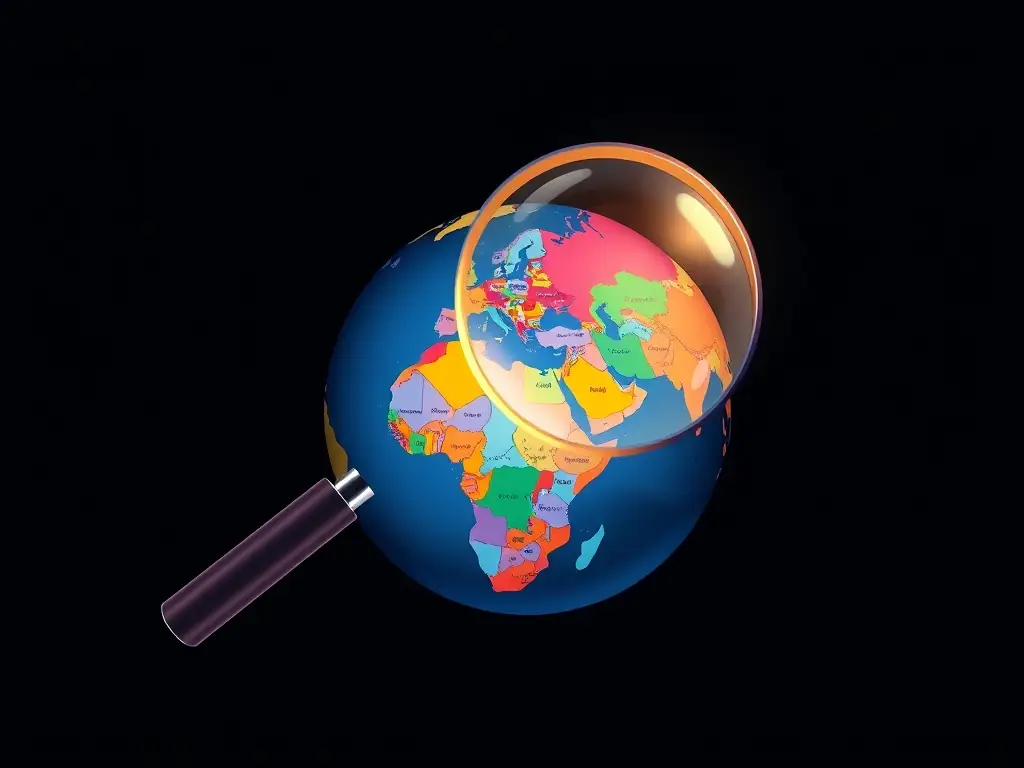 An illustration of a magnifying glass over a globe, symbolizing global reach.