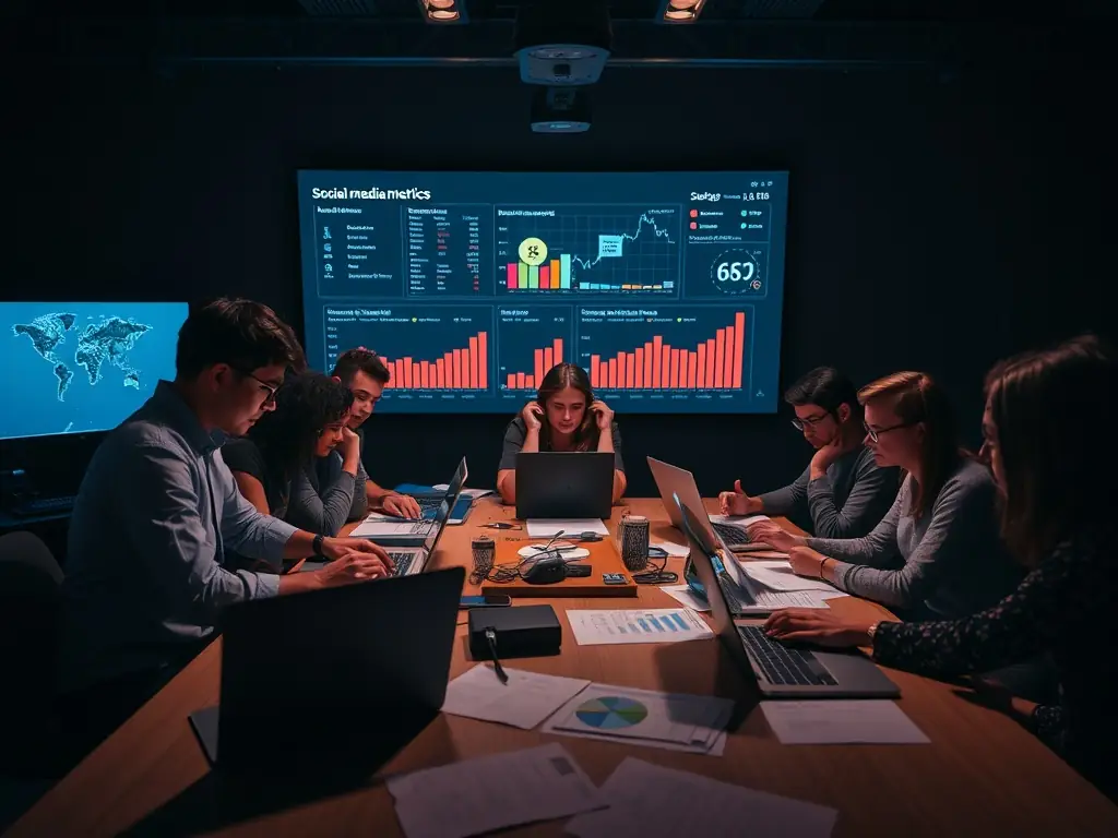 A team analyzing social media strategies with charts and statistics in a dimly lit room.