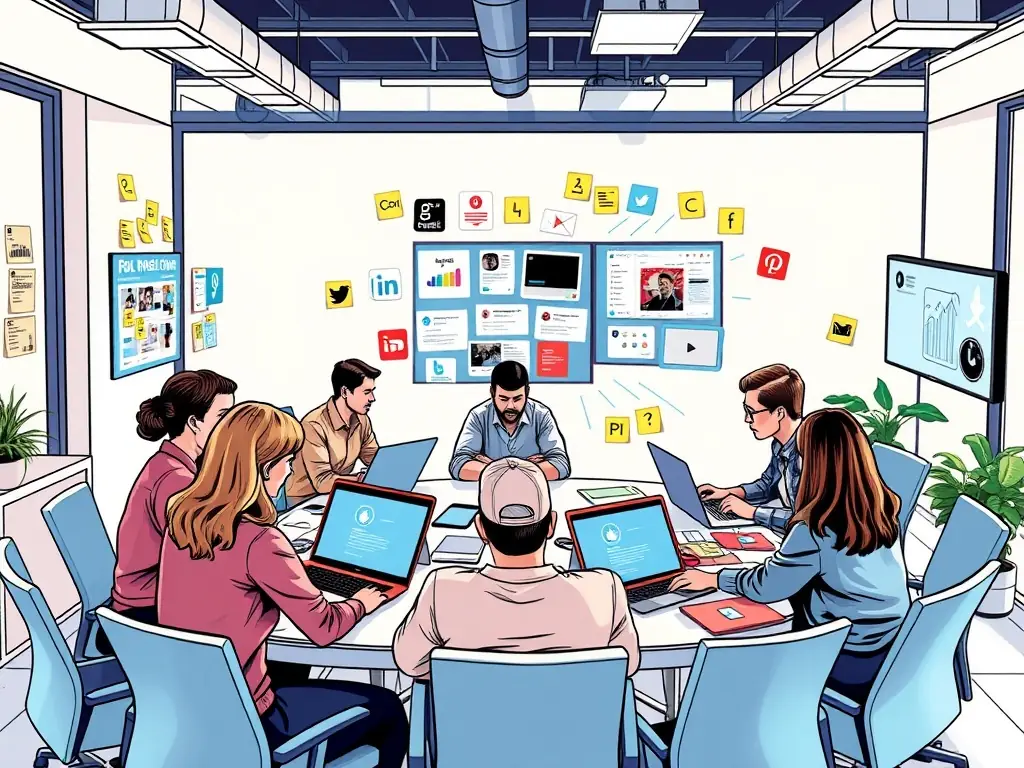A team of social media managers collaborating on content strategy in a bright office.