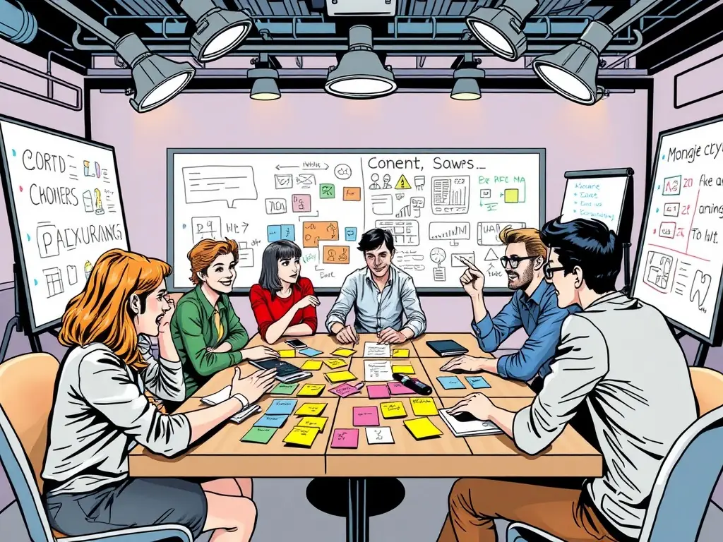 A lively brainstorming session with a team surrounded by post-it notes and whiteboards.