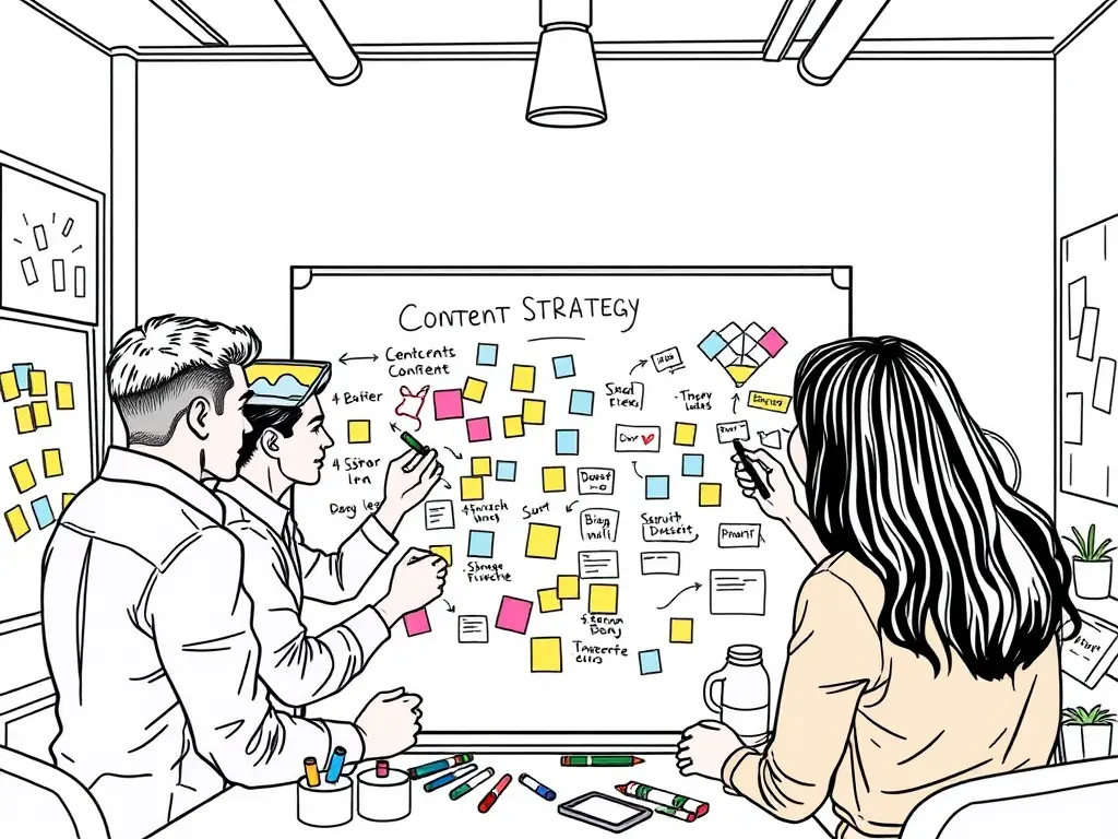 A creative team brainstorming ideas on a whiteboard for a content strategy.